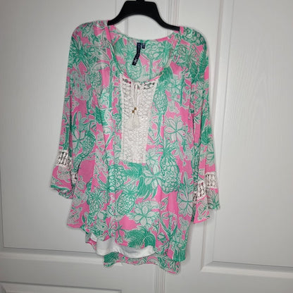 Casey Key Pink & Green Pineapple Lace Bell Sleeve Hi-low Chiffon Blouse XX-Large