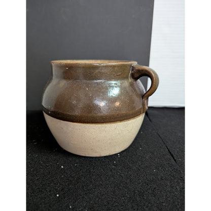 Vintage Stoneware Bean pot stews glazed finish handle brown cream 1 Quart