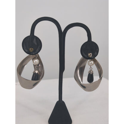 Vintage Swirl Hoop Earrings Silver-Tone Faux Pearl and Black Teardrop Dangle