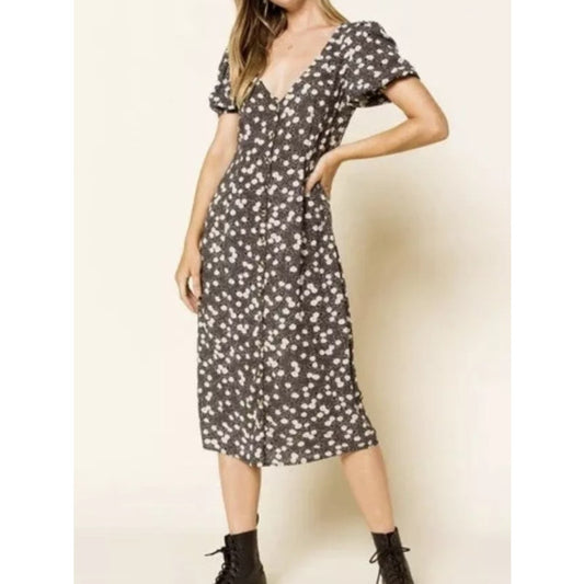 Amuse Society Womens Midi Woven Button Down Front Floral Dress, Black Size Small