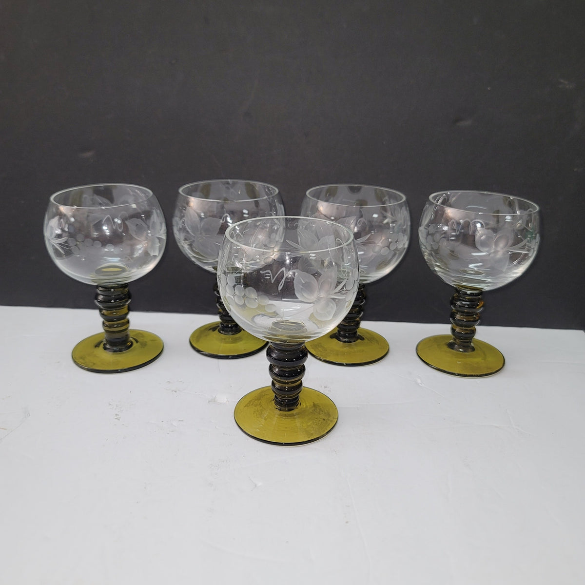 Roemer German Set 5 Apertif Cordial Cocktail glasses green steam etched 4.5"