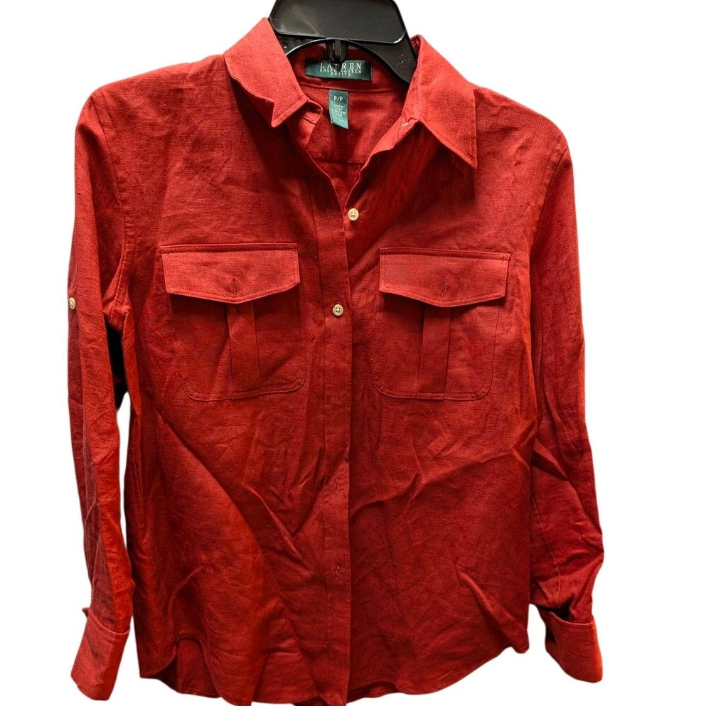 Lauren Ralph Lauren Petite Red Linen Roll Tab Sleeve Button Down Shirt Small PP