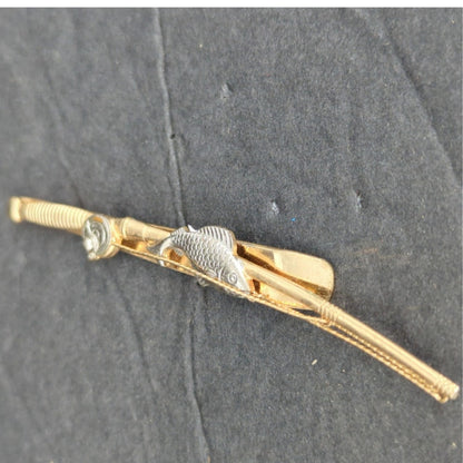 Vintage Gold Tone Fishing Rod Reel Fish on the Line Tie Bar Clip Dad