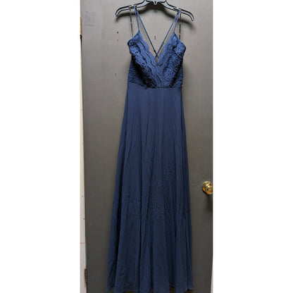 Lulus Madalyn Navy Blue Crochet Lace Bodice Chiffon Maxi Gown Dress Medium NEW
