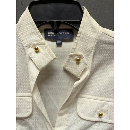 Jones New York Cream Textured Old Money Gold Button Y2K Peplum Blouse Small