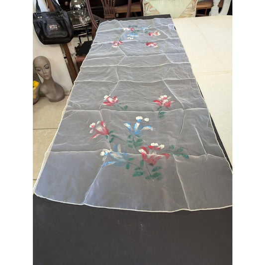 VTG. Sheer oblong white table runner Painted floral design 51" x 20" rolled edge