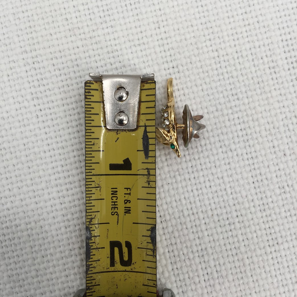 Cat and Mouse moving tail Pins Tie tacks Faux gold crystal and emerald chips