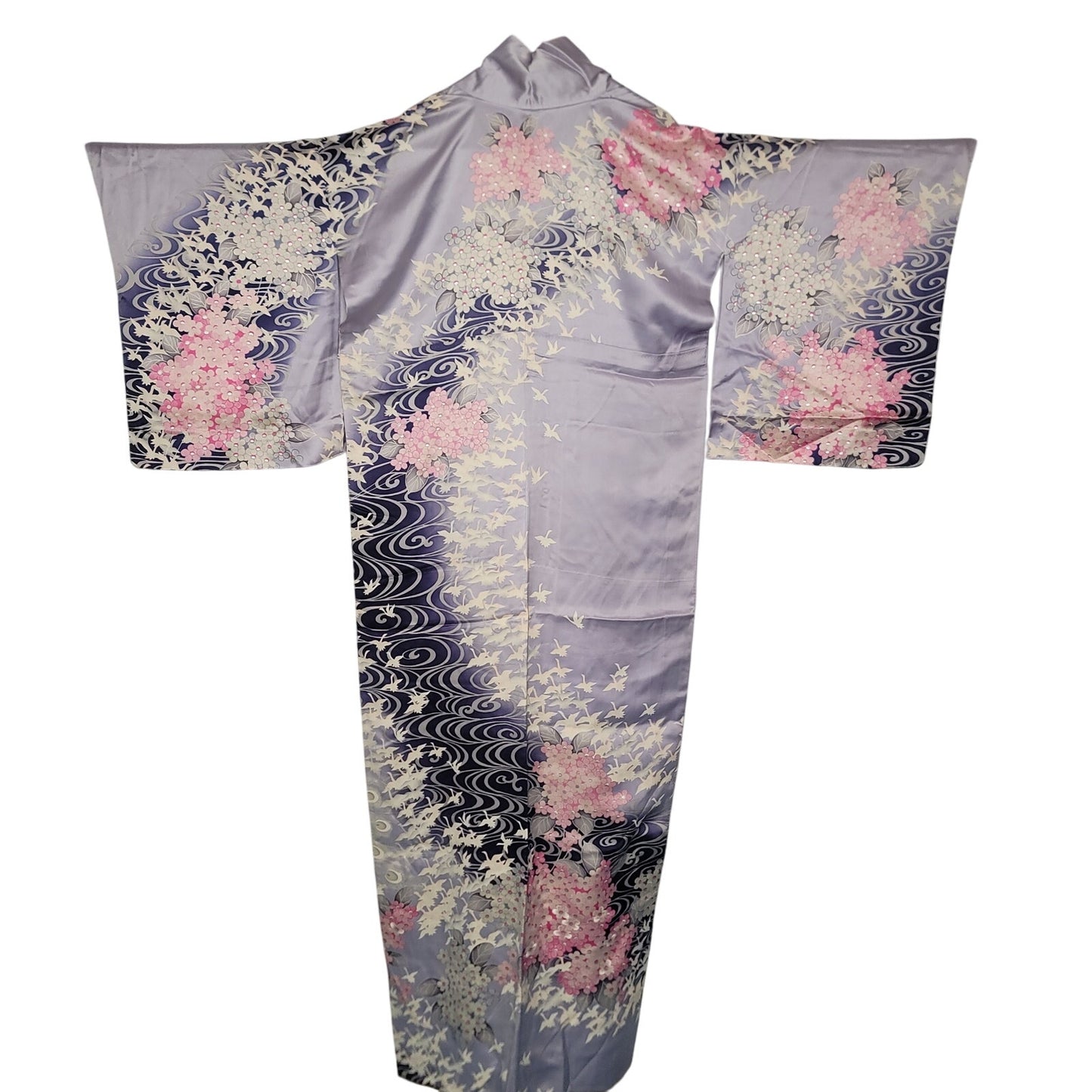 Vintage Silk Tomesode (short sleeve) Kimono Robe Blue Birds Pink White Sakura