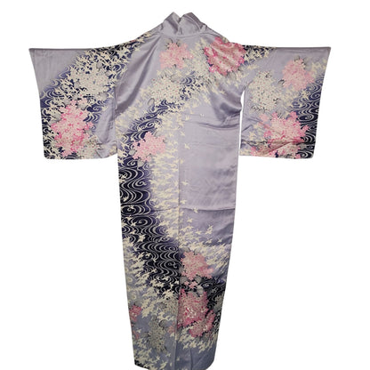 Vintage Silk Tomesode (short sleeve) Kimono Robe Blue Birds Pink White Sakura