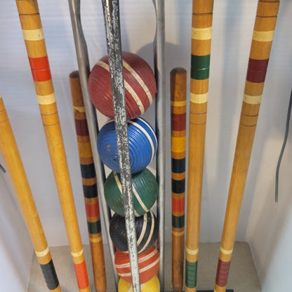 Vintage Wooden Croquet Set with Blue Storage Stand Lawn Classic Game
