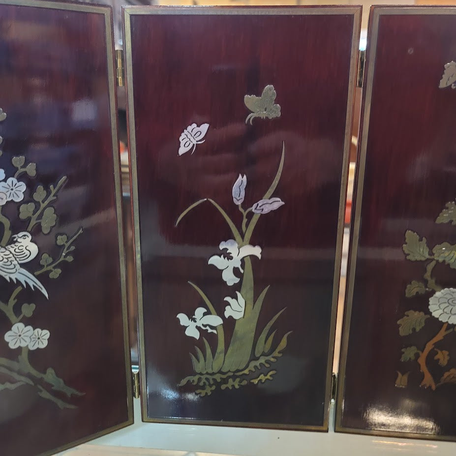 Vintage Chinoiserie 4-Panel Tabletop Screen | Silver Metal Inlay Art
