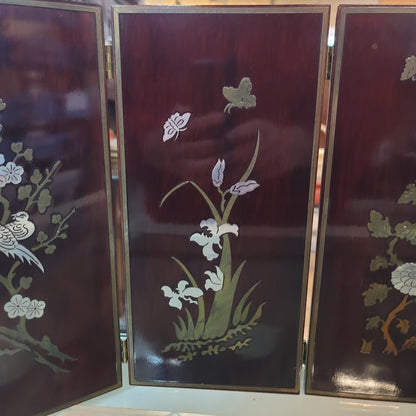 Vintage Chinoiserie 4-Panel Tabletop Screen | Silver Metal Inlay Art