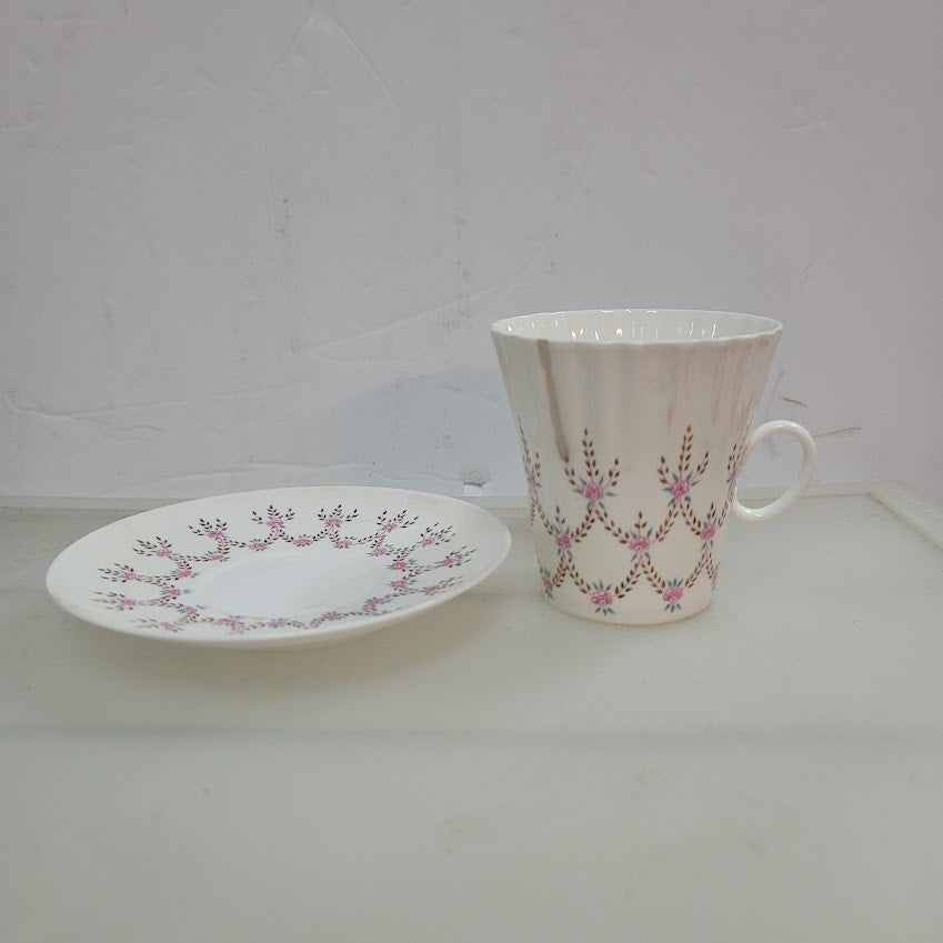 Lomonosov Teacup and Saucer Pink Flowers Green Leaves Russia USSR Vintage