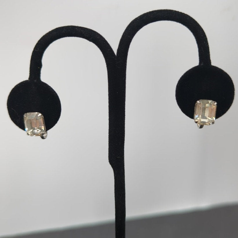 Vintage Emerald Cut Clear Rhinestone Screw Back Earrings Y2K Old Hollywood