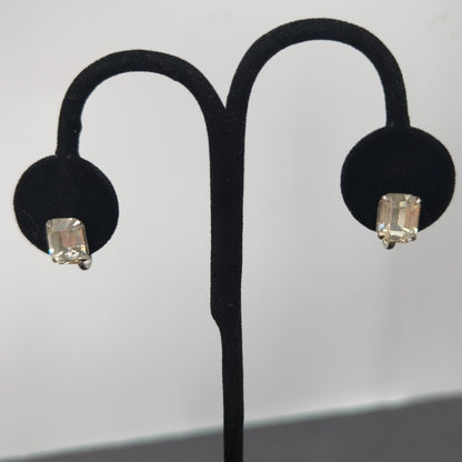 Vintage Emerald Cut Clear Rhinestone Screw Back Earrings Y2K Old Hollywood