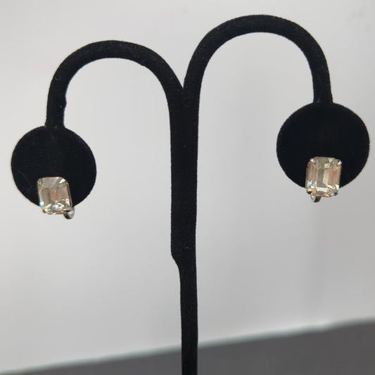 Vintage Emerald Cut Clear Rhinestone Screw Back Earrings Y2K Old Hollywood