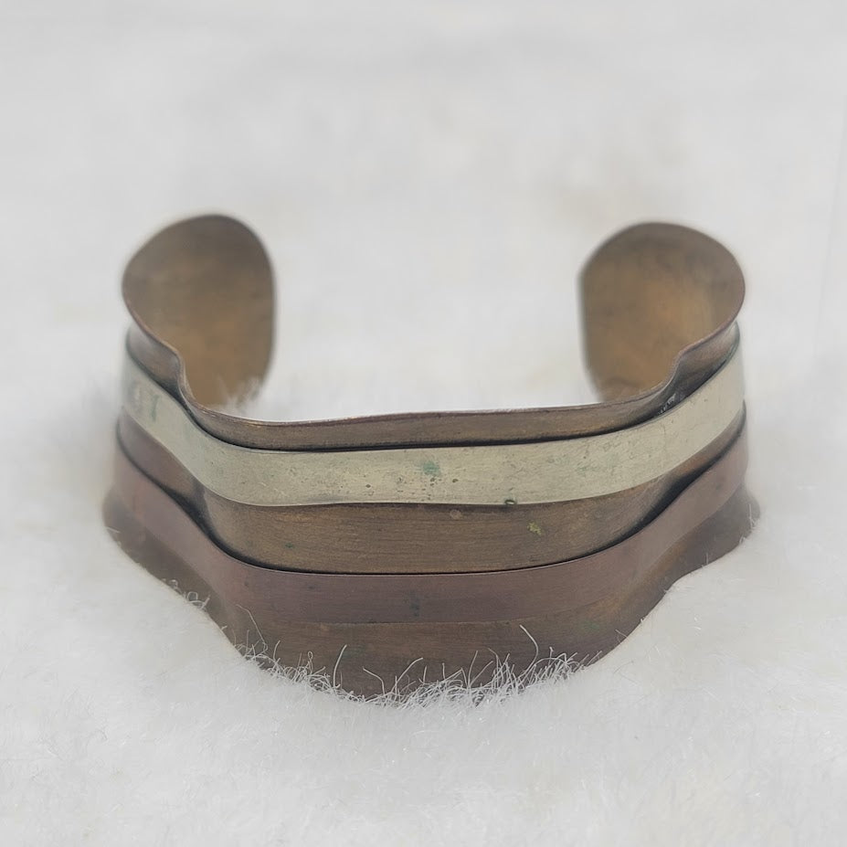 Vintage Brutalist Mixed Metal Ripple Cuff Bracelet Brass Copper Silver Tone