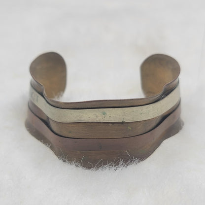Vintage Brutalist Mixed Metal Ripple Cuff Bracelet Brass Copper Silver Tone