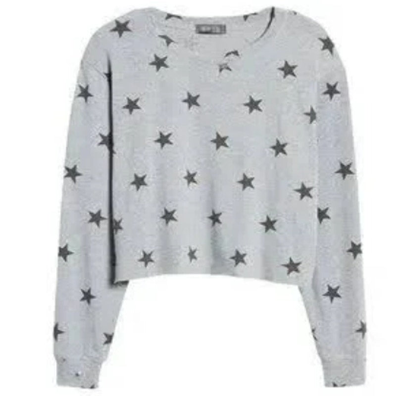 NWT La La Land Soft Long Sleeve Crew Crop Top Sz Large in Gray with Black Stars