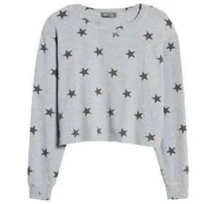 NWT La La Land Soft Long Sleeve Crew Crop Top Sz Large in Gray with Black Stars