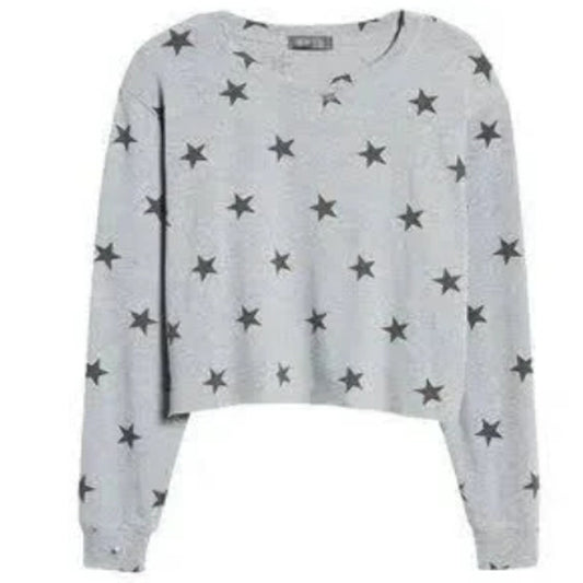 NWT La La Land Soft Long Sleeve Crew Crop Top Sz Large in Gray with Black Stars