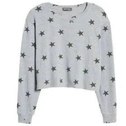 NWT La La Land Soft Long Sleeve Crew Crop Top Sz Large in Gray with Black Stars