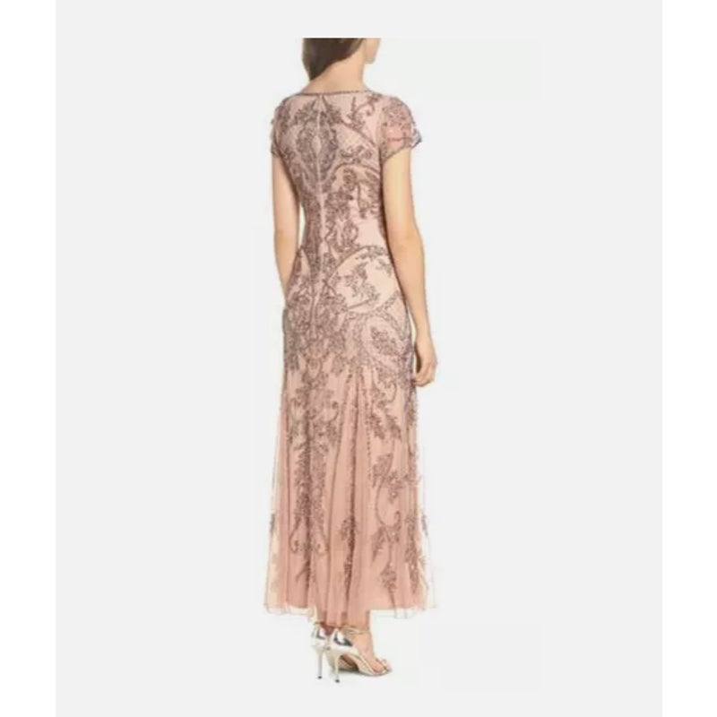 Pisarro Nights Blush Pink Sequined Beaded Gown Short Sleeve Size 2 or XS Formal