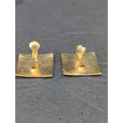 Vintage Pink Red Enamel Square Clip On Earrings Gold Tone Geometric Retro 1980s