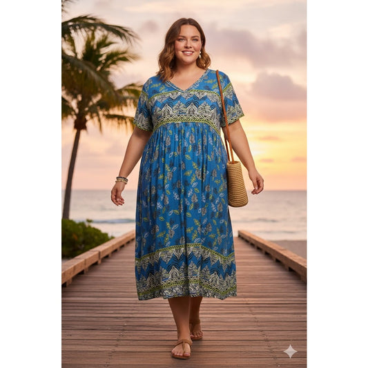 Vintage comfort Choice size Medium cotton floral kaftan Blue palm dress boho