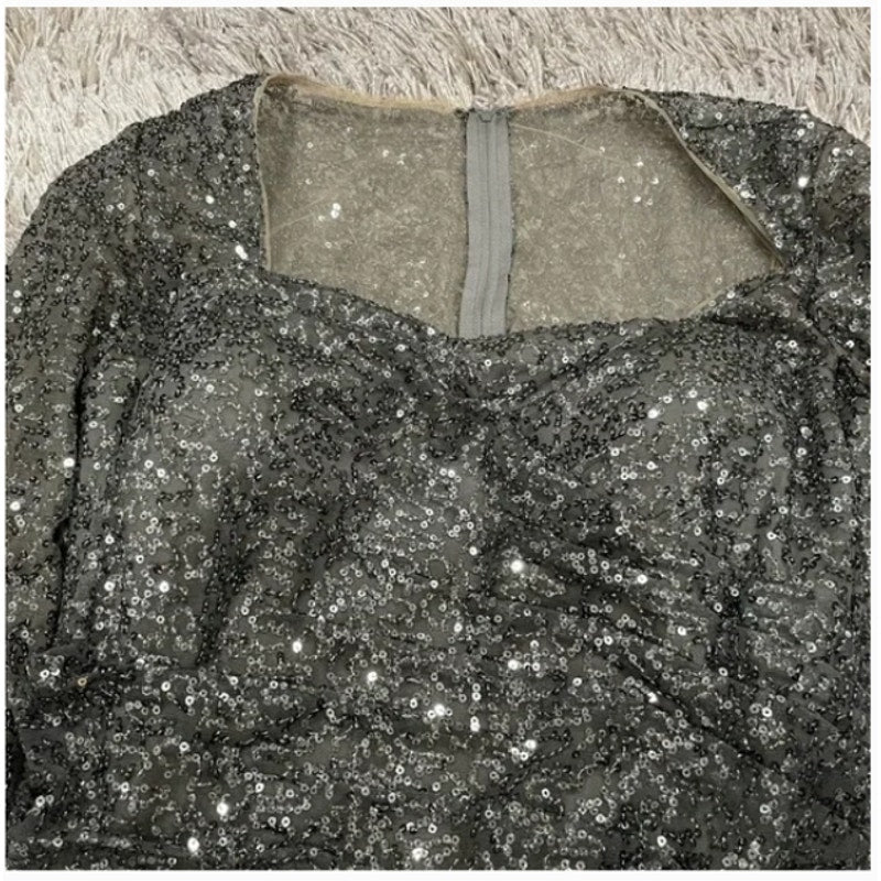 La Femme 28065 Gunmetal Sequin Gown Size 12 Formal Maxi Wedding 3/4 Sleeve NEW