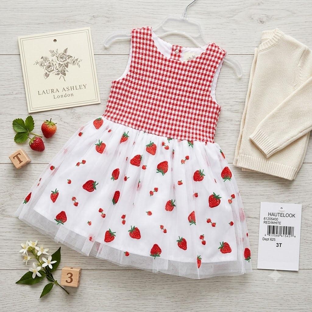 Laura Ashley London Toddler Girls Strawberry Gingham Tulle Dress NWT Size 3T