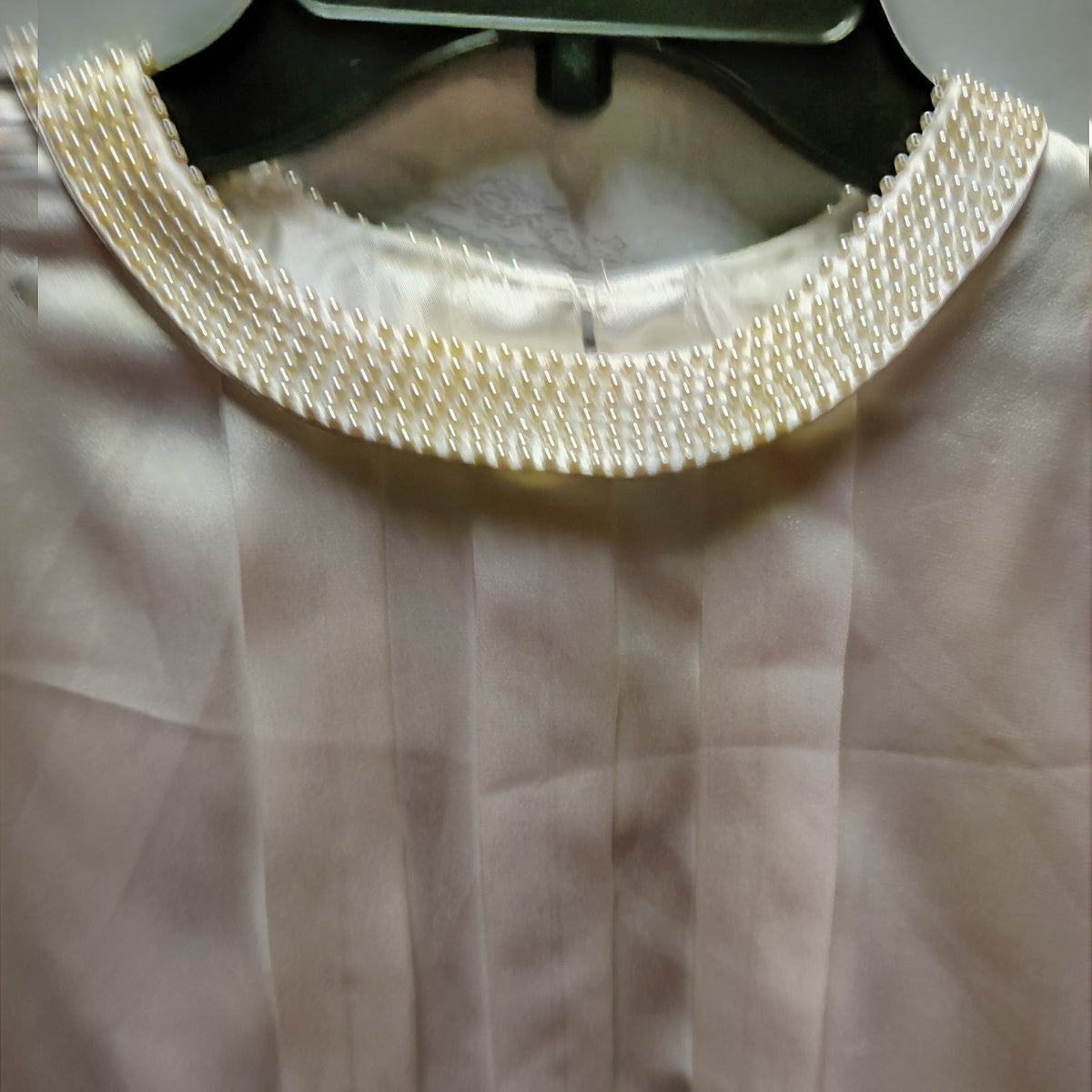 Vintage New Concepts Petite Faux Pearl Collar Satin Blouse Ivory Long Sleeve