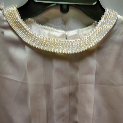 Vintage New Concepts Petite Faux Pearl Collar Satin Blouse Ivory Long Sleeve