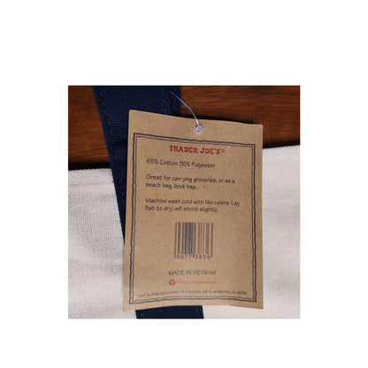 TRADER JOE'S TOTE BAG NAVY BLUE CANVAS STRAPS NEW 20" Iconic REUSABLE EMBROIDERY