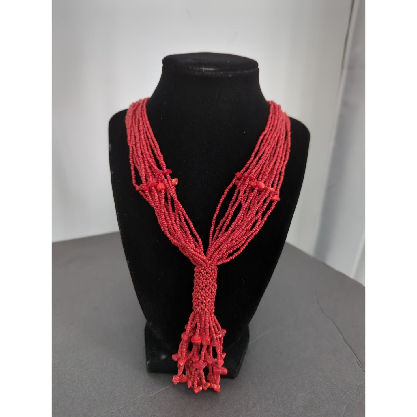 Vintage Red Seed Bead Tassel Necklace Multi Strand Waterfall Boho Statement 18"