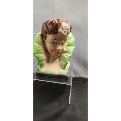 Vintage Green Collar Lady Head Vase Planter Kitschy Ceramic Japan 1950 Edwardian