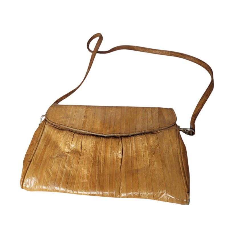 Vintage Genuine Eel Skin Leather Clutch Shoulder Bag Tan Mid-Century Minimalist