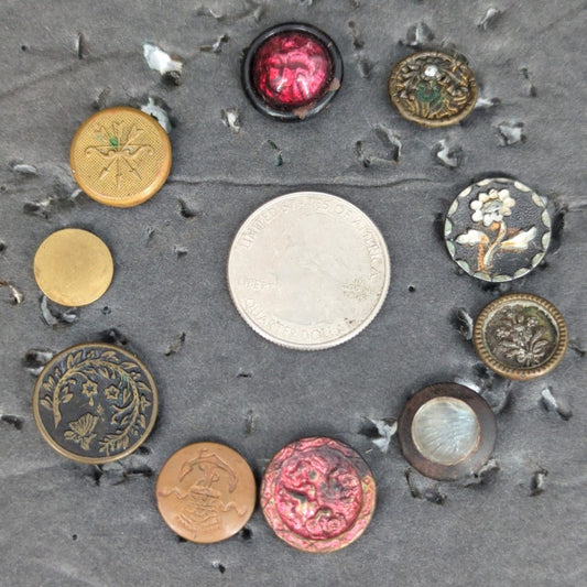 LOT PP of 10 Antique Vintage Victorian Brass Mixed Materials Buttons ESTATE FIND