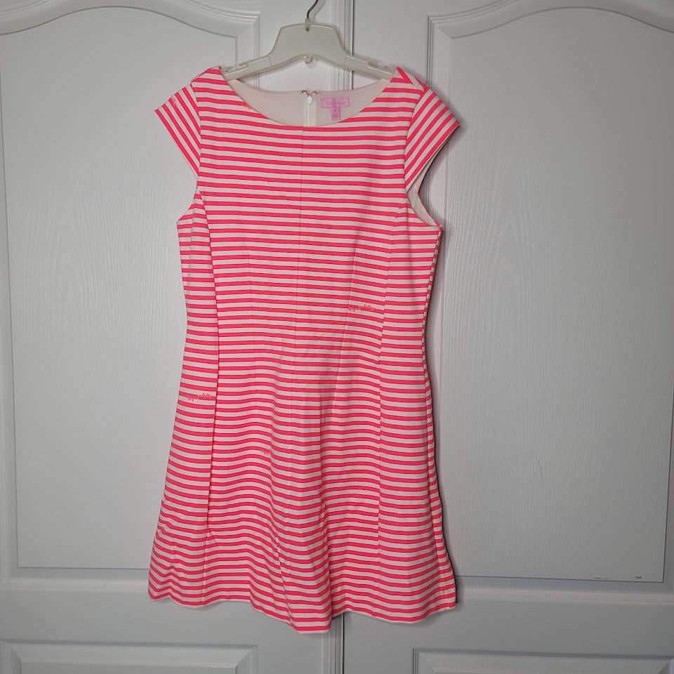 Lilly Pulitzer Briella Neon Pink stripe Boat Neck Dress cap Sleeve Size XL