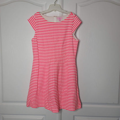 Lilly Pulitzer Briella Neon Pink stripe Boat Neck Dress cap Sleeve Size XL