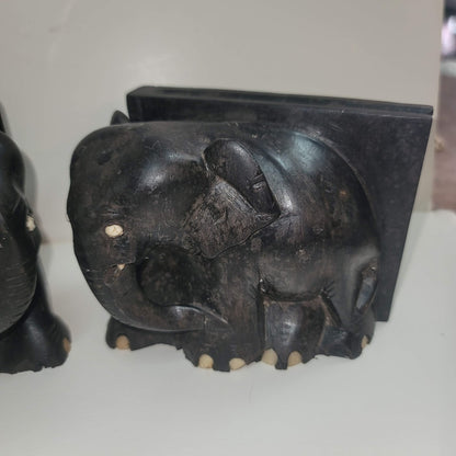 Vintage Elephant Bookends Hand Carved Wooden Ebony wood Bone Accents