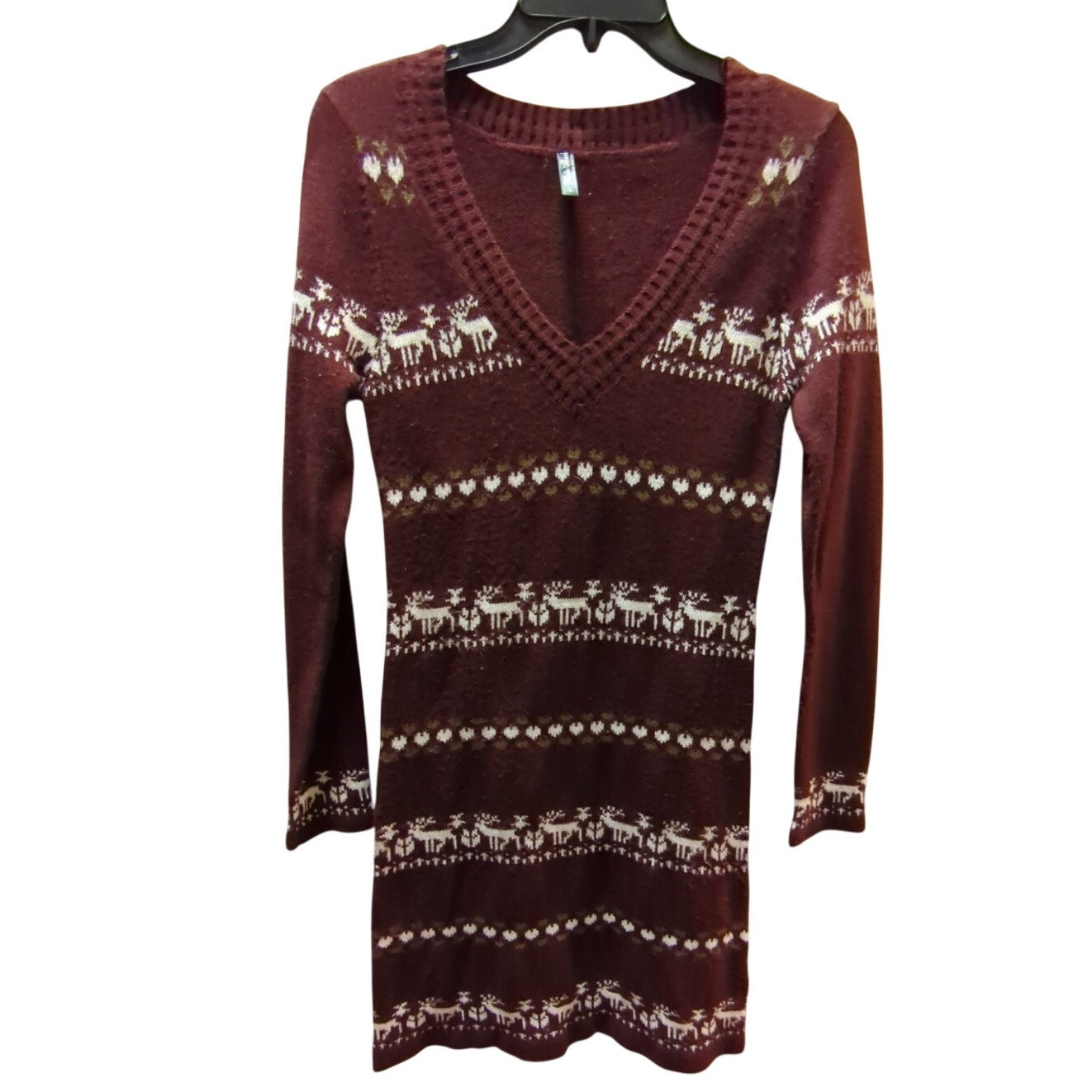 White Mark Reindeer Fair Isle Knit Sweater Dress Burgundy Size Large