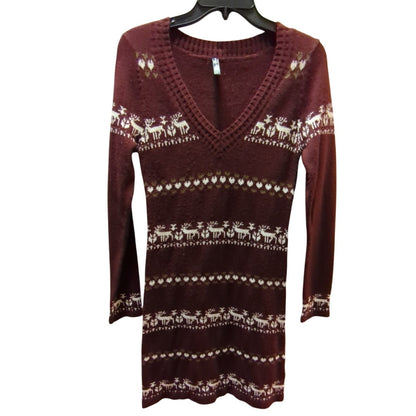 White Mark Reindeer Fair Isle Knit Sweater Dress Burgundy Size Large