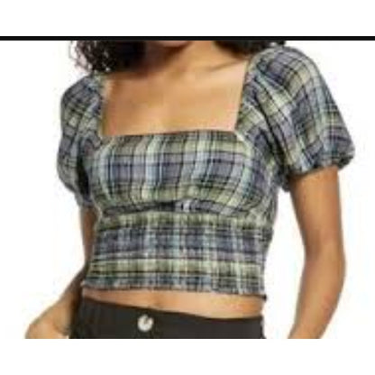 NEW BP Womens Smock Crop Top Green Size Medium Plaid Square Neck Puff Sleeve