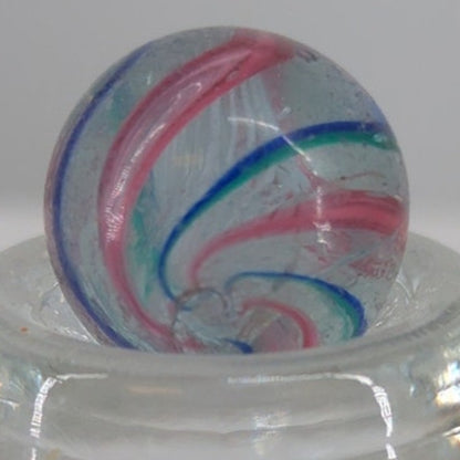VintageGerman Latticino Glass Marble 5/8" Blue Pink White Ribbon Swirl - BoxA4