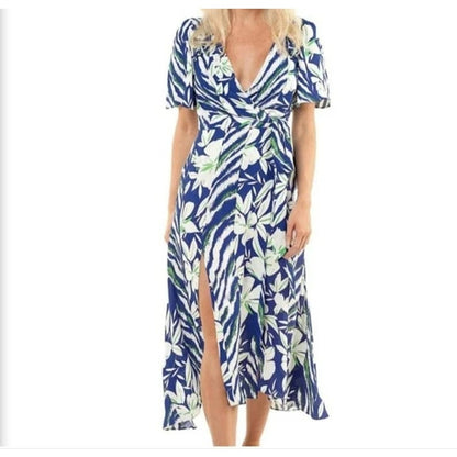 French Connection V-Neck Surplice Side Tie Wrap Midi Dress Sz 4 Clement Blue NWT
