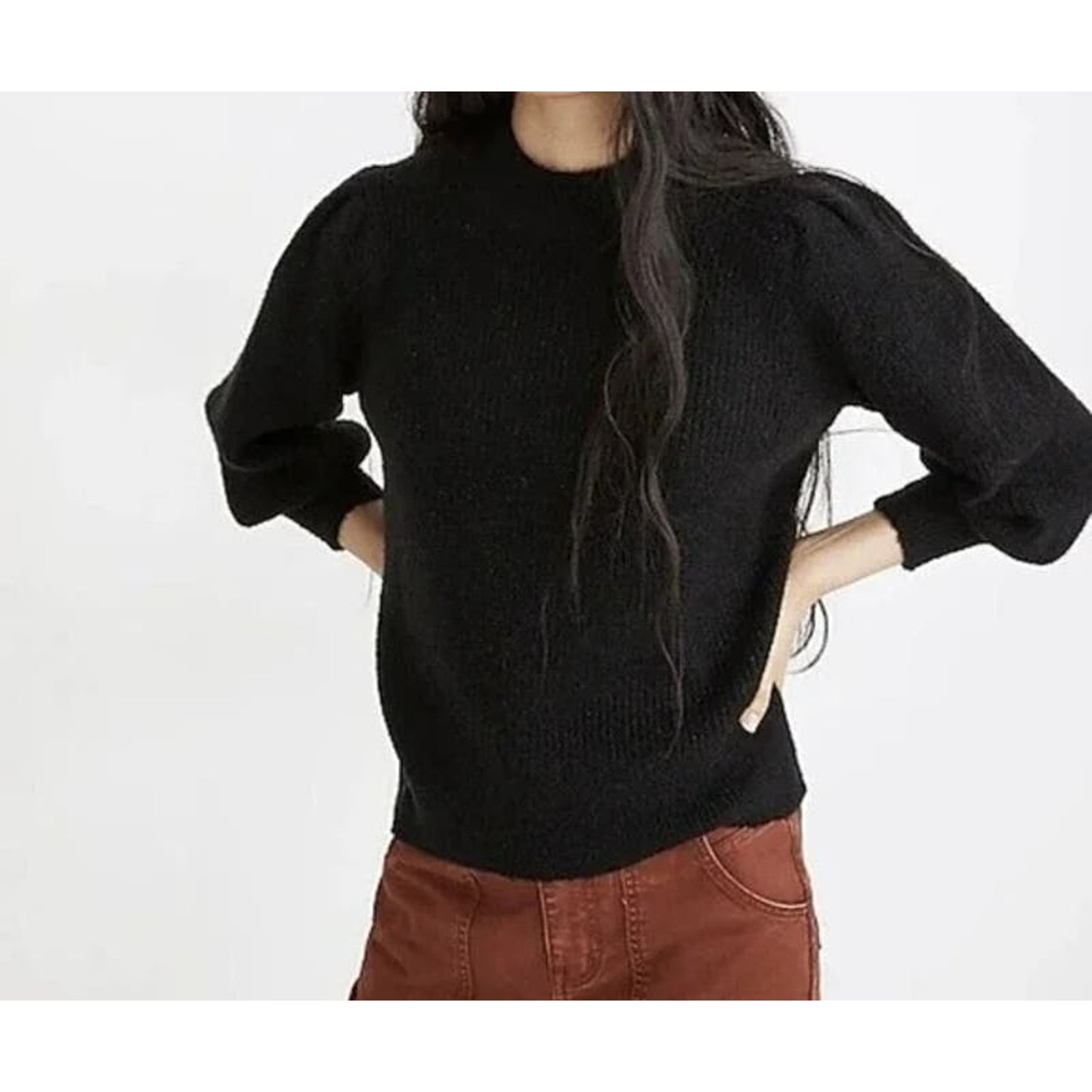 Madewell Eaton Pullover Crew Puff Sleeve Sweater Size Small in Black NWT