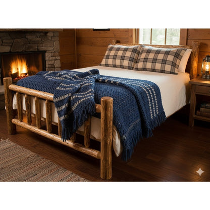 Handmade Dark Blue and Gray Crocheted Afghan throw w/ Fringe 84" x 64" Twin Bed