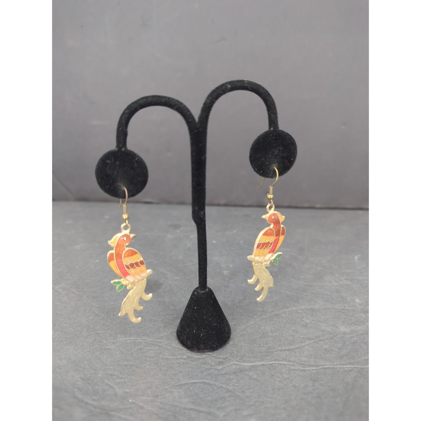 Vintage Cloisonne Enamel Bird Dangle Earrings Pierced Gold Tone Boho Art Parrot