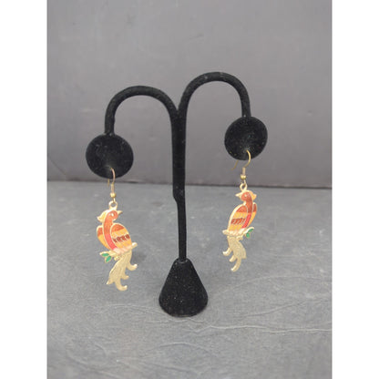 Vintage Cloisonne Enamel Bird Dangle Earrings Pierced Gold Tone Boho Art Parrot